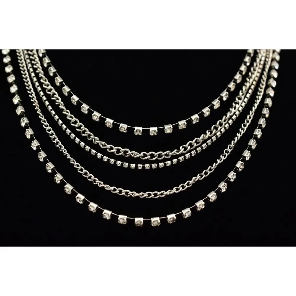 Vintage Choker Layered Necklace Rhinestone Crystal Silver Multi-Chain Y2K BinBJ